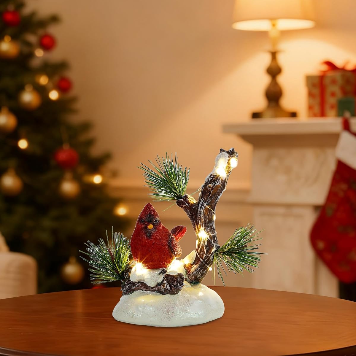 winemana Christmas Tabletop Decorations, LED Lights Cardinal Resin Ornament, Lighted Red Bird on Snowy Pine Tree Holiday Decor for Indoor Home Table Desk Kitchen Room Xmas Party - imagen de detalle 6