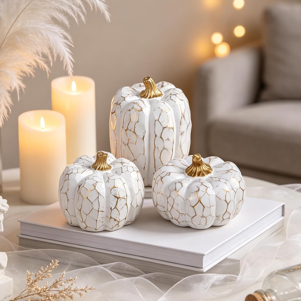 winemana Set of 3 White Pumpkins Fall Decorations for Home - imagen de detalle 1