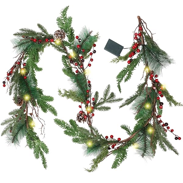 winemana 6 FT Pre-lit Artificial Christmas Garland with 20 LED Lights, Battery Powered with Pine Cones, Red Berries, Pine Needles, Lighted Christmas Garlands for Fireplace Mantle Holiday Decorations