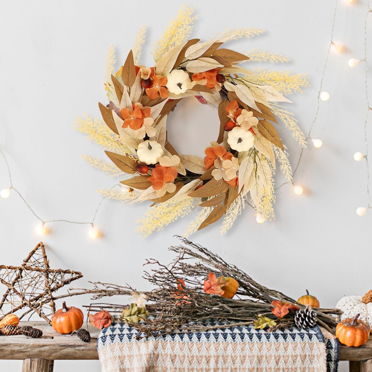 winemana Fall Wreath Decor Wreaths for Front Door Thanksgiving Indoor Decorations, 21.6 Inch Autumn Wreath with White Pumpkin for Table Home Outdoor Farmhouse Harvest Decor - imagem de detalhe 1