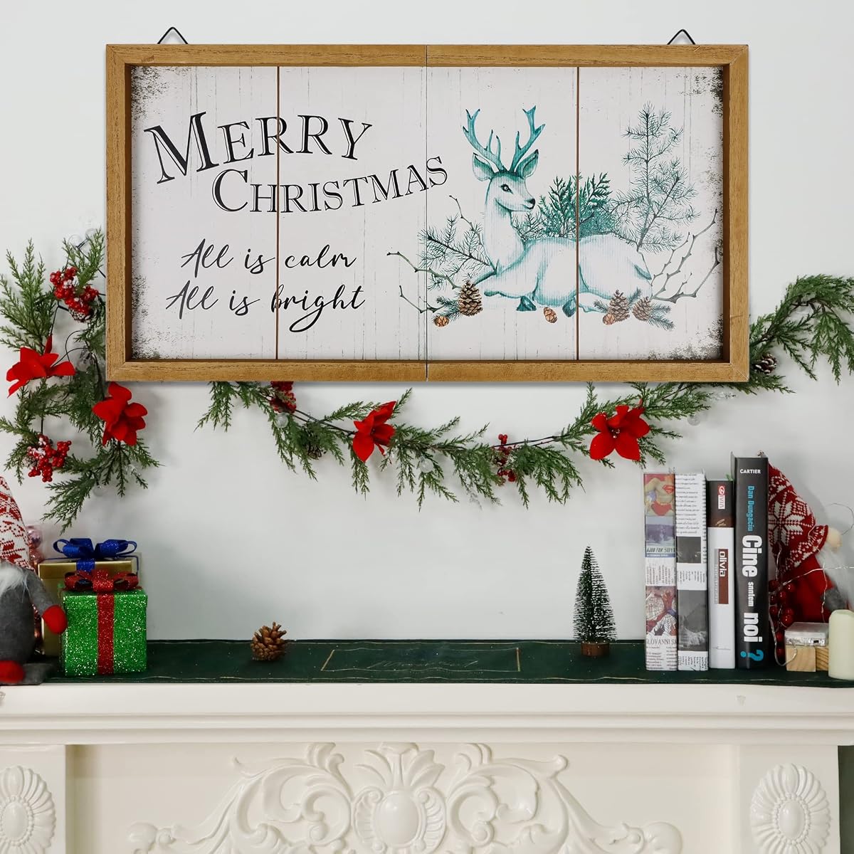 winemana Merry Christmas Wooden Sign Wall Decor, 20" x 10.4" Foldable Hanging Decorative Sign Christmas Decorations, Reindeer Wall Art for Home Kitchen Living Room Fireplace Indoor Holiday Decor - imagem de detalhe 3