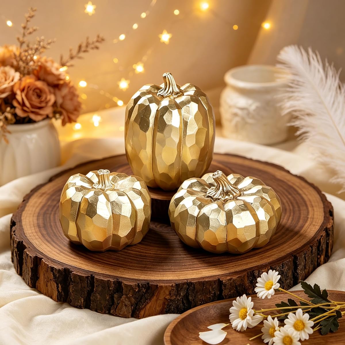 winemana 3 Pack Gold Pumpkins Fall Decorations for Home - 细节图 4