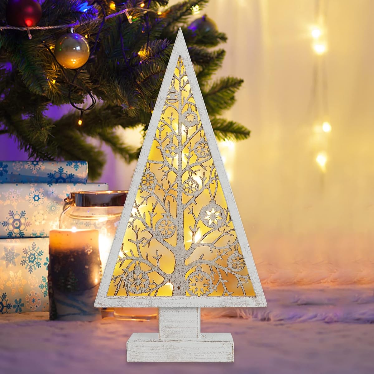 DR.DUDU Christmas Table Decorations, Christmas Tree with Hollow Star Lights Ornament, 16" x 8" Xmas Lighted Metal Tabletop Centerpiece Holiday Decor for Indoor Home Kitchen Room Office - imagem de detalhe 2
