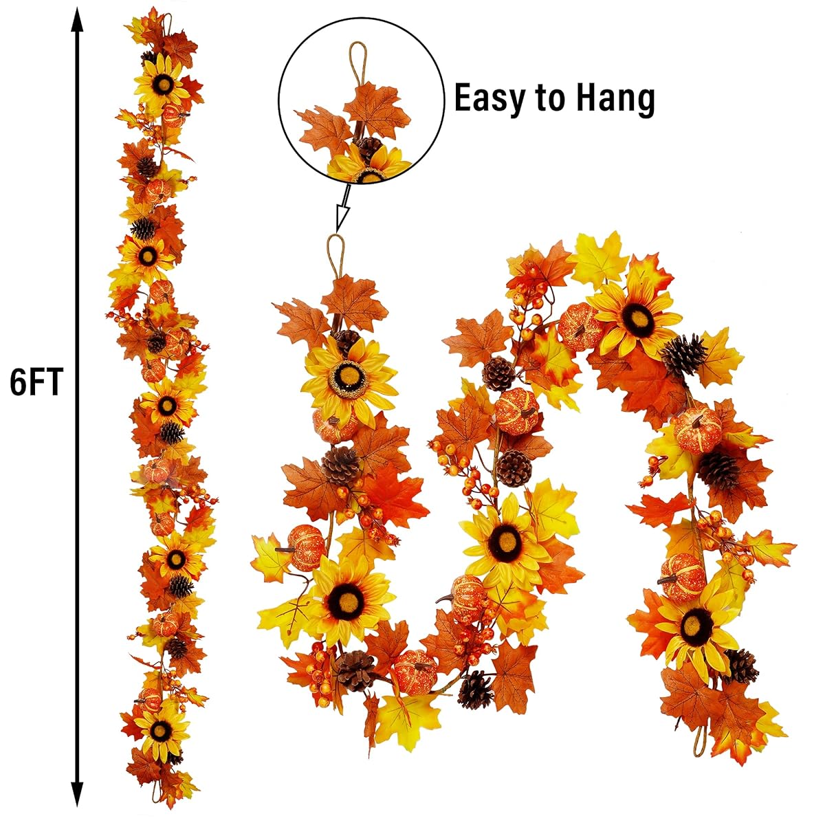 winemana Fall Maple Leaves Garland 50 LED Lights Thanksgiving & Friendsgiving Decorations, 6 Ft Hanging Vine Artificial Sunflower Pumpkin Decor for Fireplace Home Doorway Party Indoor Outdoor - imagen de detalle 1