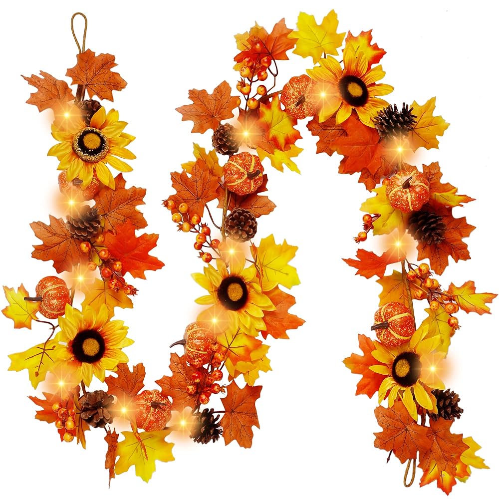 winemana Fall Maple Leaves Garland 50 LED Lights Thanksgiving & Friendsgiving Decorations, 6 Ft Hanging Vine Artificial Sunflower Pumpkin Decor for Fireplace Home Doorway Party Indoor Outdoor