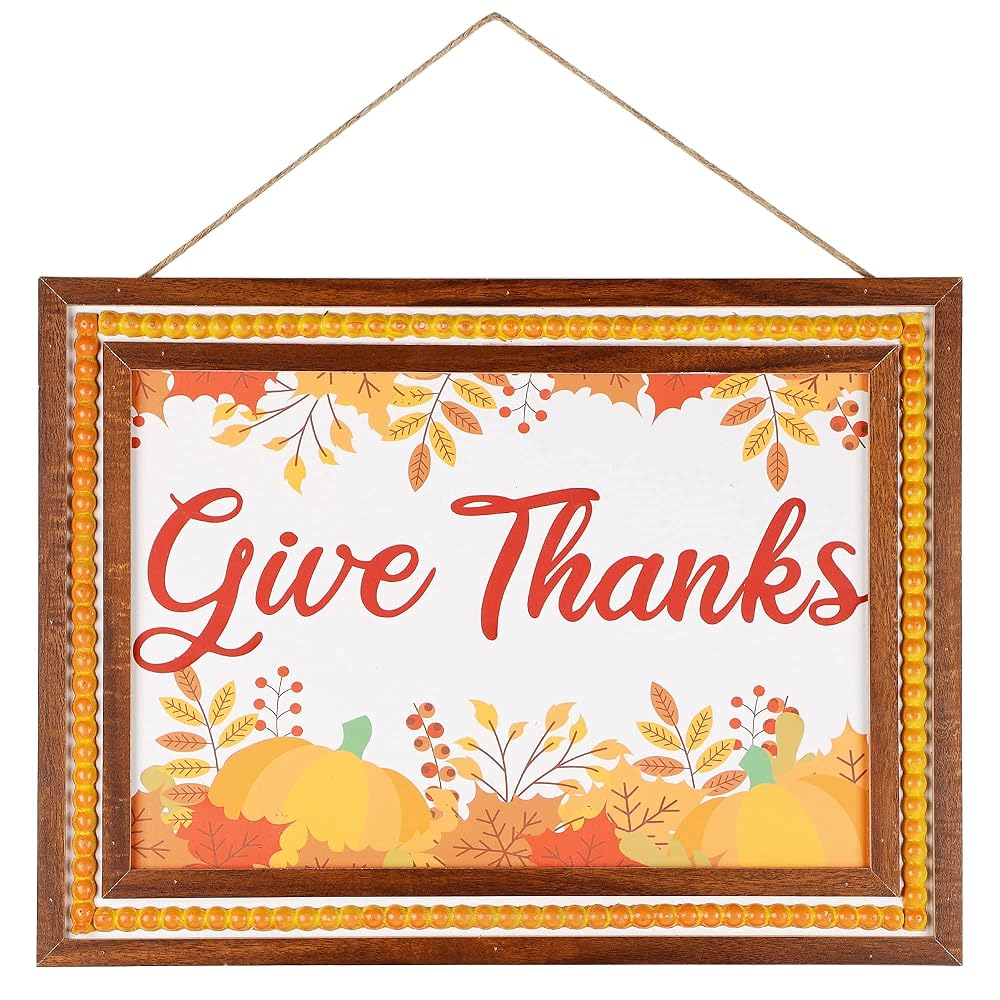 winemana Fall Wall Decor, Thanksgiving Decoration Wooden Sign, 15.4" x 11.4" Hanging Farmhouse Pumpkin Give Thanks Sign, Autumn Harvest Day Decor for Porch Door Home (Orange)