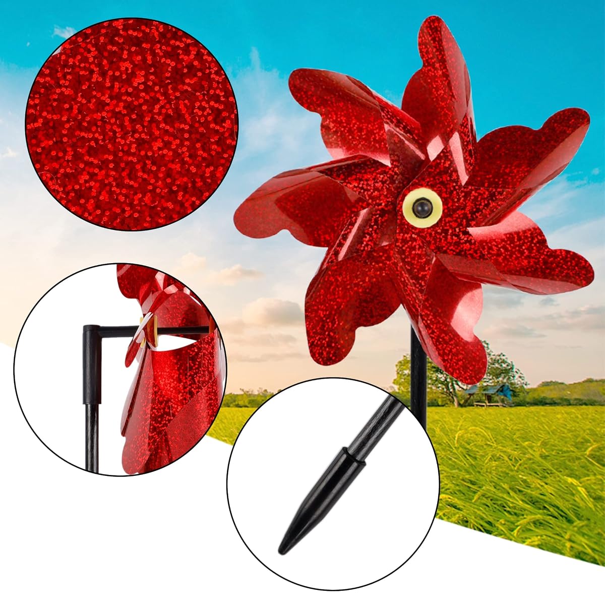winemana 10 Pcs Reflective Pinwheels, 19 Inch Pinwheel with Garden Stakes Scare Birds for Garden Yard Lawn Farm Decor (Red) - imagem de detalhe 2