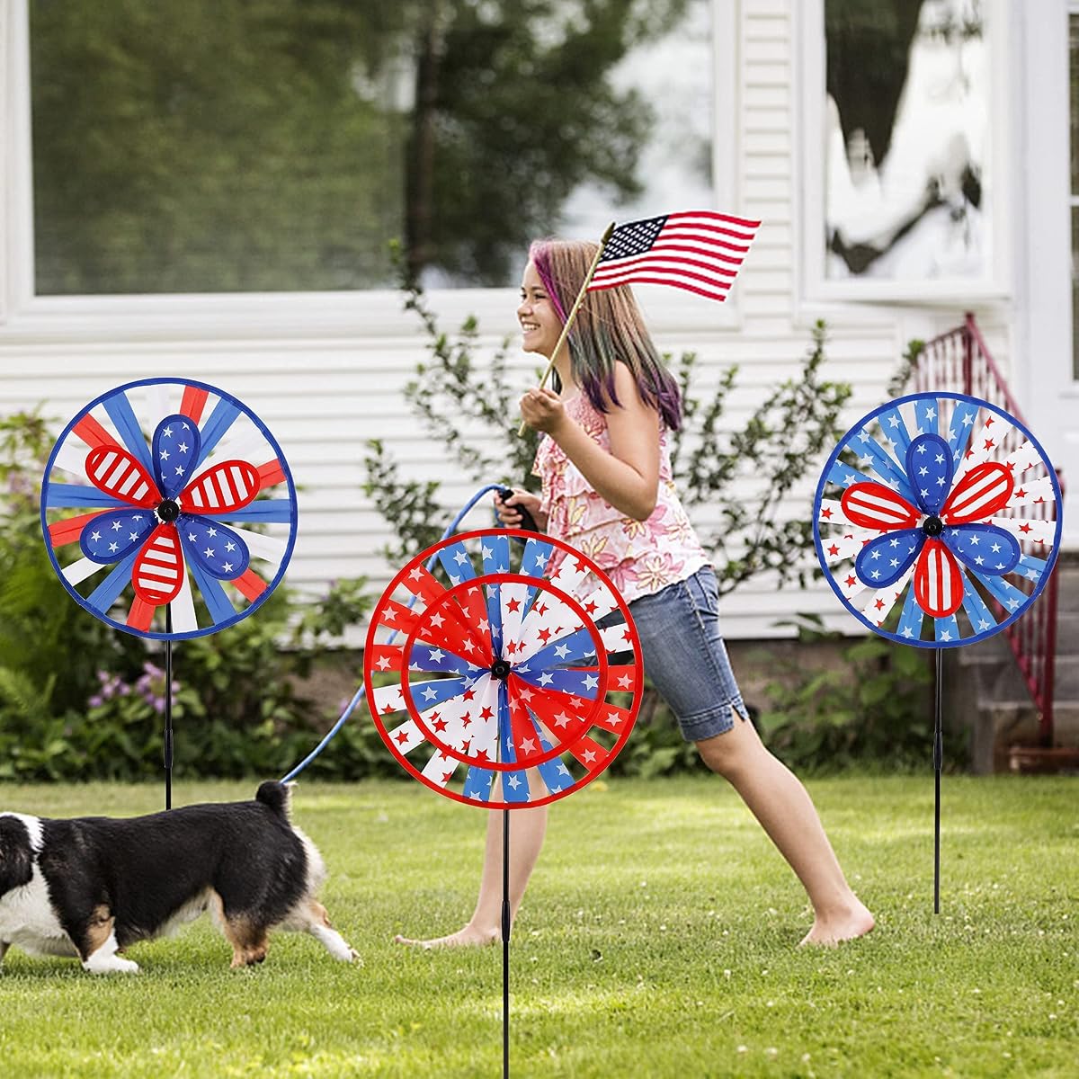 winemana 3 Pack Patriotic Pinwheel for Independence Day, 4th of July Decor Double Spinner Wheel, American Flag Red White Blue Star Décor Outdoor Yard Patio Garden Lawn (12" x 29") - imagen de detalle 3