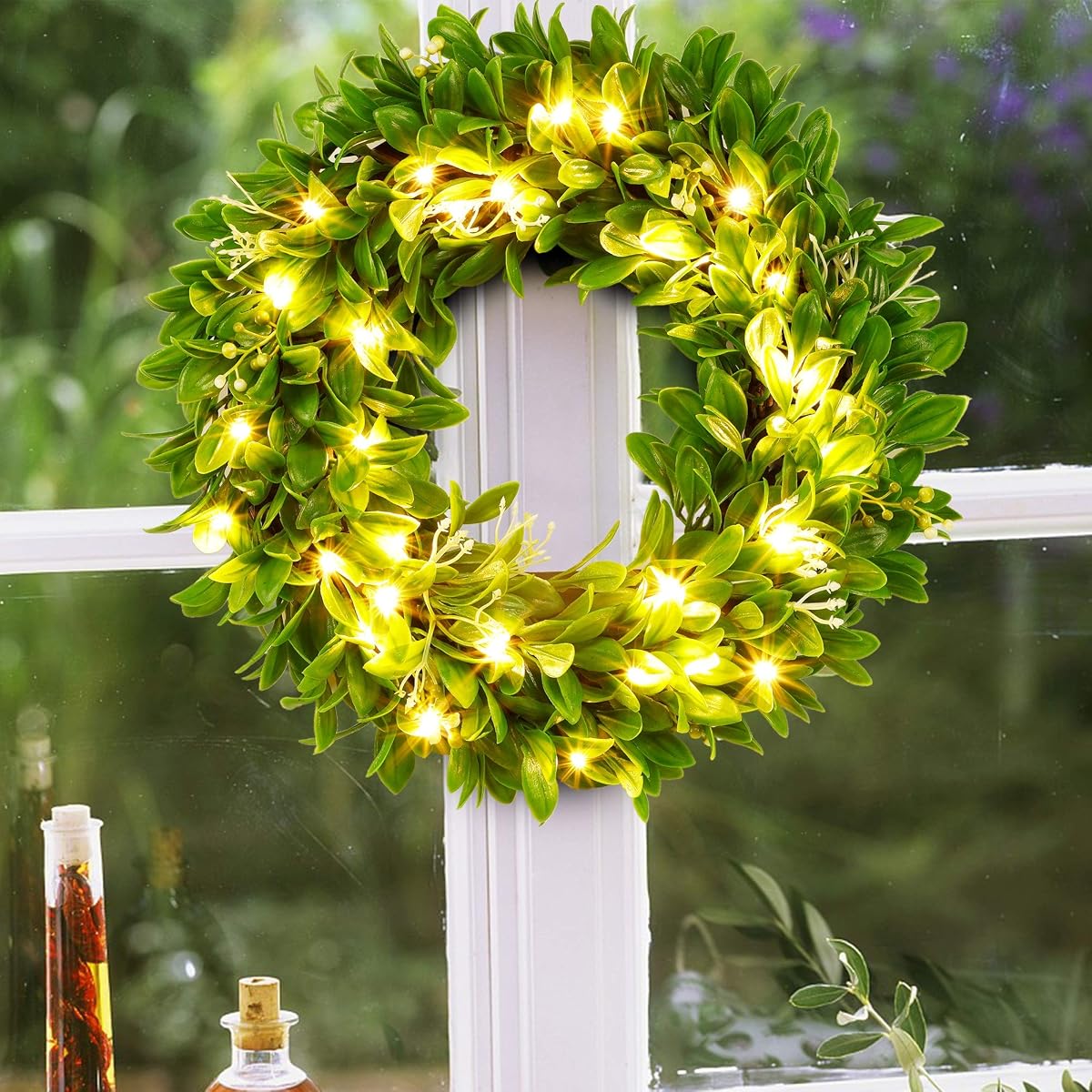 winemana 15" Spring Door Wreath, 30 LED Artificial Wreath for Front Door, Eucalyptus Wreaths Spring Decorations for Home Window Outdoor Decor (15") - imagen de detalle 6