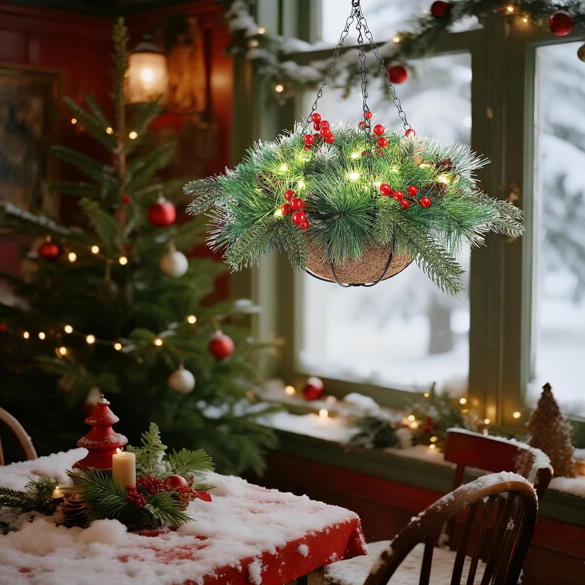 winemana Pre-Lit Artificial Christmas Hanging Basket Outdoor Decoration with Pine Cones & Red Berry Clusters, Battery Powered with Timer Lighted Branches Faux Plants for Outside Porch Front Door - imagem de detalhe 4