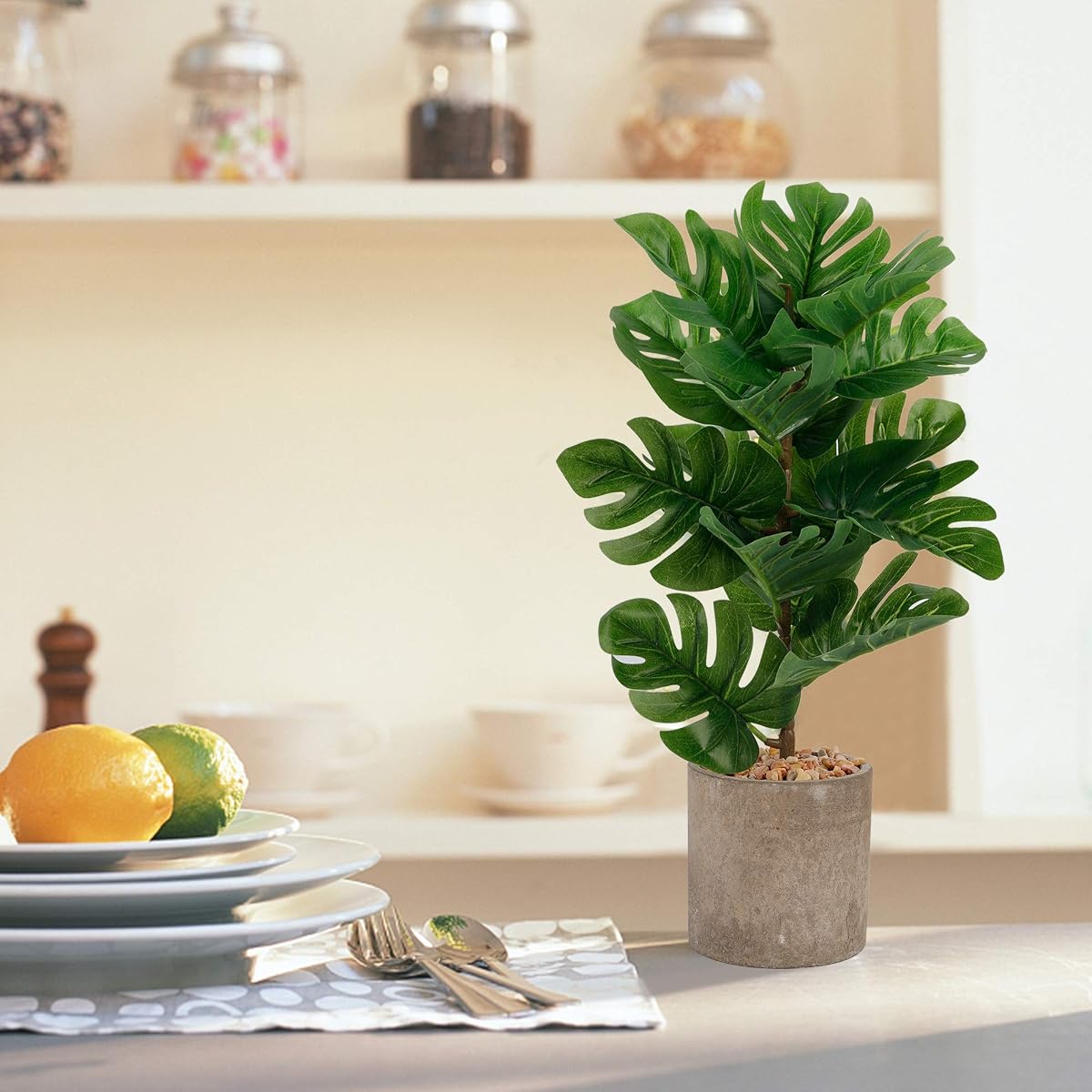 winemana 17 inches Artificial Potted Greenery Green Leaf Plants, Monstera Leaf Small Plants for Office Desk Indoor Outdoor Decoration (Emerald Green) - imagen de detalle 4