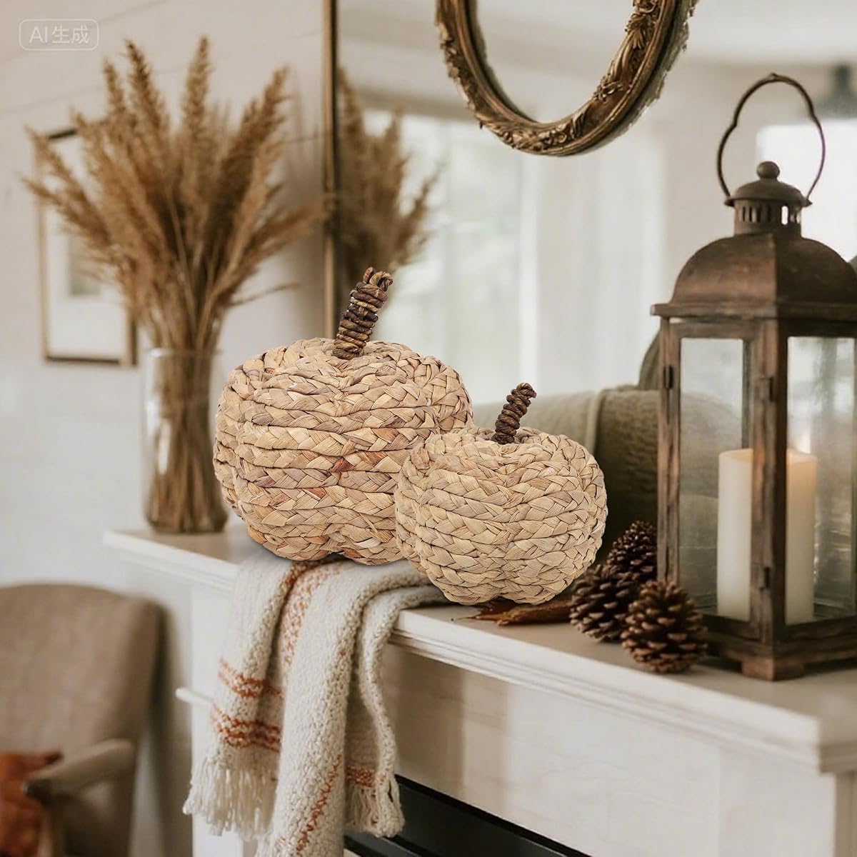 winemana 2 Pack Pumpkin Fall Decor, Woven Wicker Pumpkins for Home, Beige - imagen de detalle 3