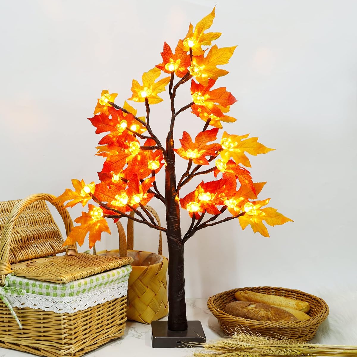 winemana 22 Inch Thanksgiving Artificial Maple Tree with Pumpkin LED Lights and Timer Harvest Autumn Fall Décor for Home Kitchen Table Centerpieces - imagen de detalle 6