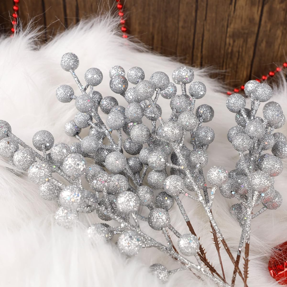 winemana 24 Pack 8 Inch Christmas Glitter Faux Winter Berry Sprigs, Artificial Sparking Red Berries Ornaments for Christmas Tree DIY Crafts Wreath Garland Decor (Silvery) - imagem de detalhe 5