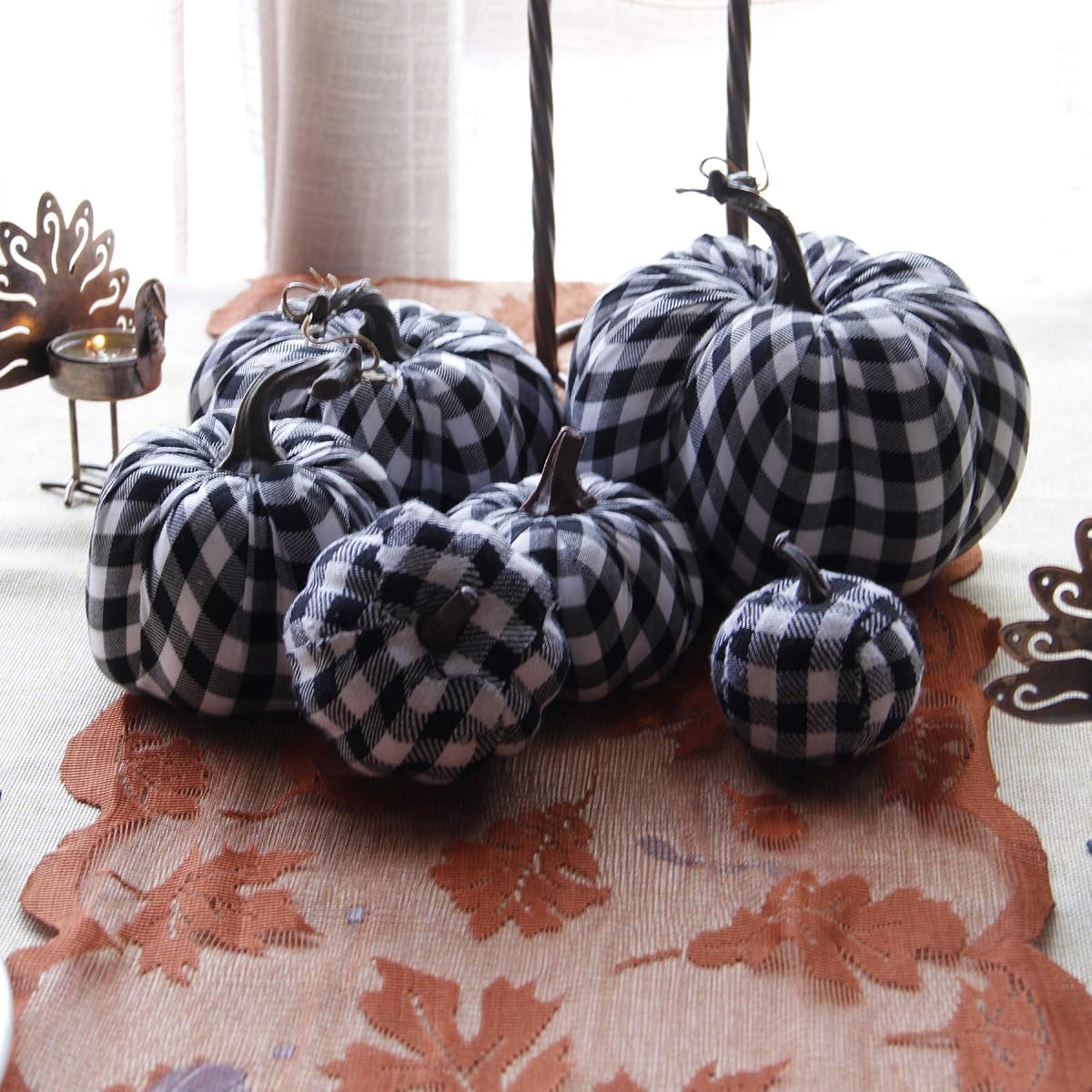 winemana 6 Pcs Thanksgiving Decorations Artificial Pumpkins, Different Sizes Vivid Fake Foam Pumpkin in Black&White Grid, Fall Decorations for Home Kitchen Table Indoor Outdoor Friendsgiving - 细节图 4
