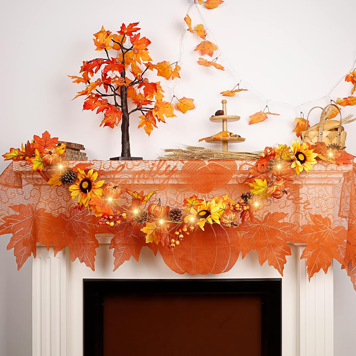 winemana Fall Maple Leaves Garland 50 LED Lights Thanksgiving & Friendsgiving Decorations, 6 Ft Hanging Vine Artificial Sunflower Pumpkin Decor for Fireplace Home Doorway Party Indoor Outdoor - imagen de detalle 6
