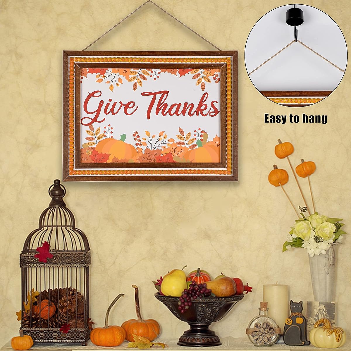 winemana Fall Wall Decor, Thanksgiving Decoration Wooden Sign, 15.4" x 11.4" Hanging Farmhouse Pumpkin Give Thanks Sign, Autumn Harvest Day Decor for Porch Door Home (Orange) - imagem de detalhe 2