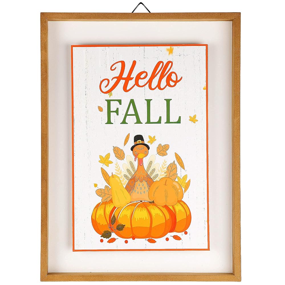 winemana Fall Wall Decor, Thanksgiving Decoration Hello Fall Sign, 15.4" x 11.4" Farmhouse Rustic Turkey Pumpkin Wooden Sign, Perfect for Porch Home Autumn Harvest Decor