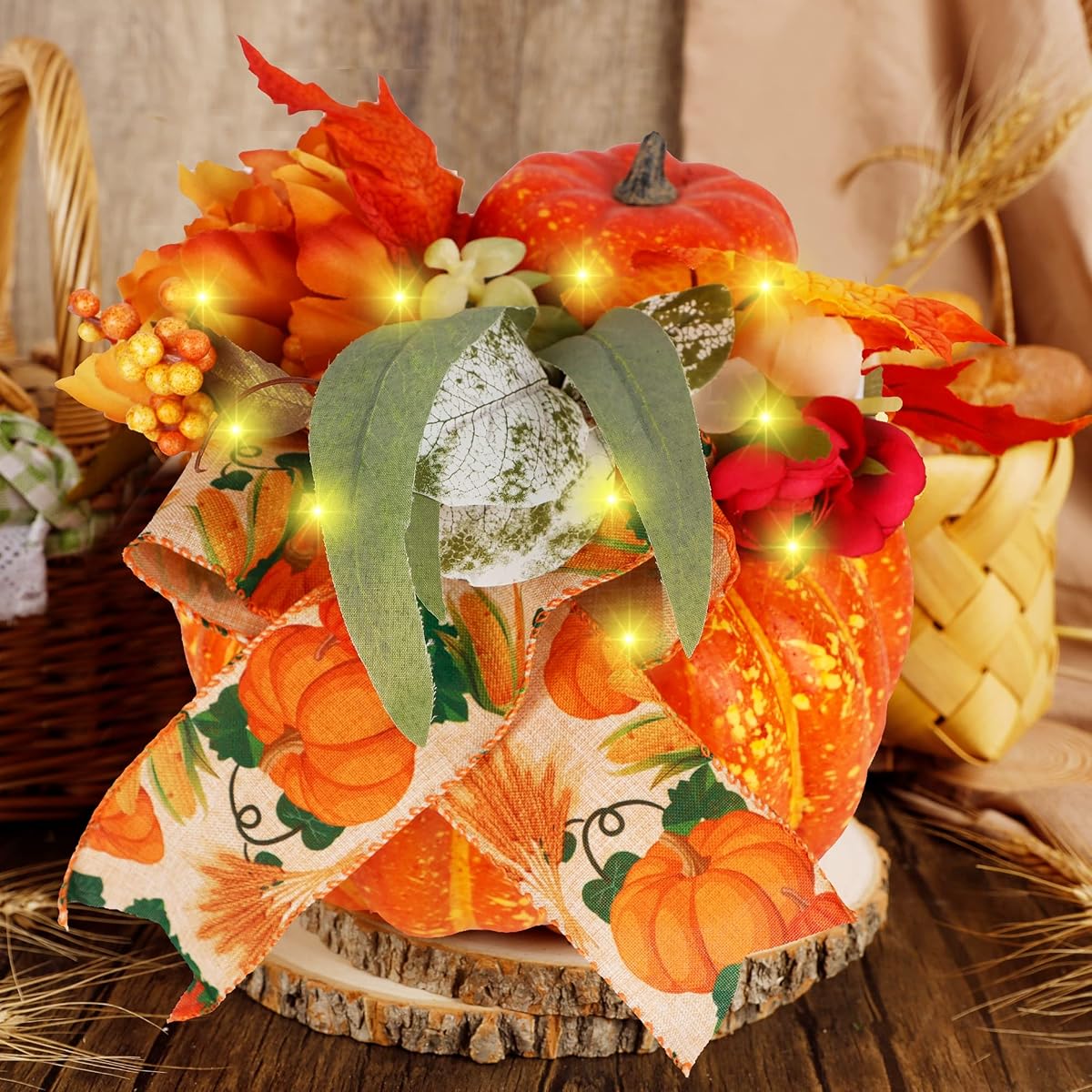 winemana Thanksgiving Pumpkin Decorations with 50 LED Lights and Artificial Flower Ribbon for Autumn Fall Harvest Décor Home Table Kitchen Indoor - imagen de detalle 6