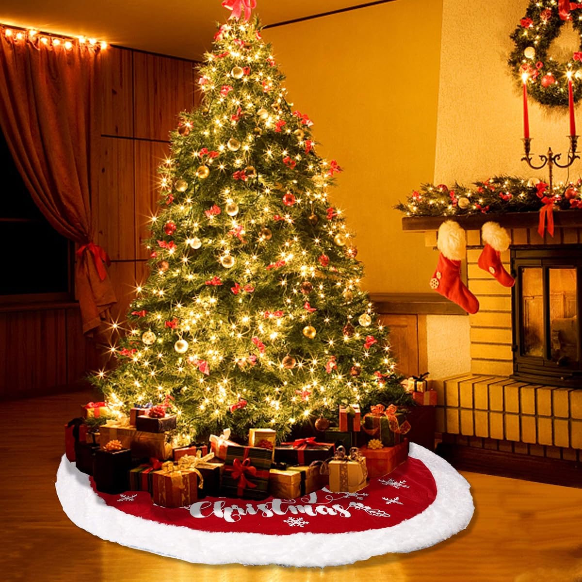 DR.DUDU 48 Inch Christmas Tree Plush Skirt Decoration for Merry Christmas Party Faux Fur Christmas Tree Skirt Decorations (Red 1) - detail image 4