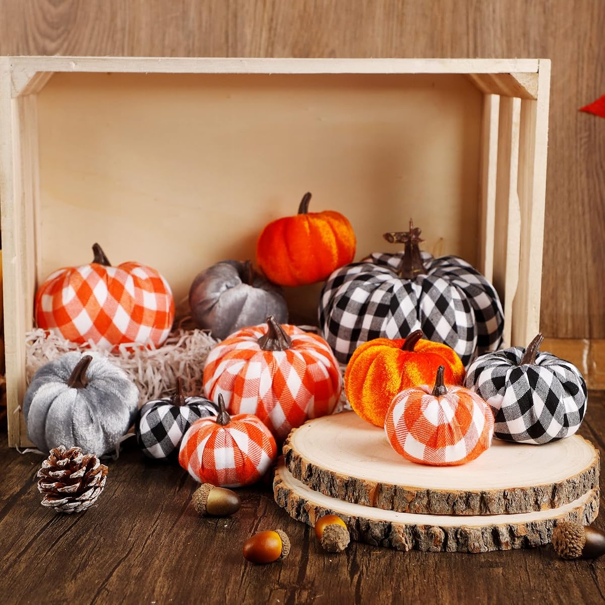 winemana 16 Pack Thanksgiving Decorations Artificial Pumpkins, Fabric Assorted Sizes Plaid Black White Orange Fall Decorations for Home Kitchen Table Indoor Friendsgiving Party Outdoor Yard - detail image 4