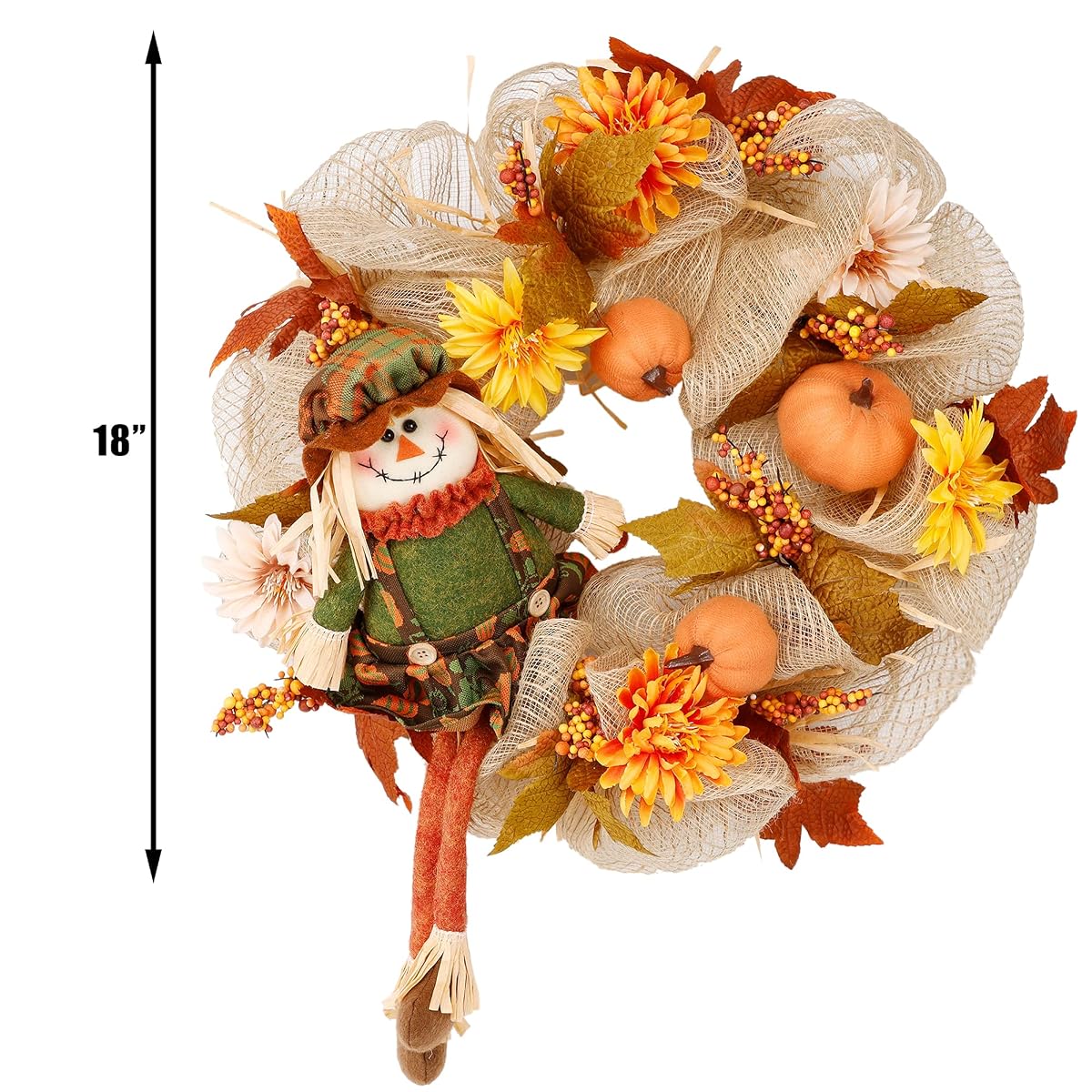 winemana 18 Inch Thanksgiving Wreath with Scarecrow Pumpkin Artificial Flowers Maple Leaves Berry, Front Door LED Lights Ribbon Wreath Fall Autumn Decorations for Indoor Outdoor - 细节图 1