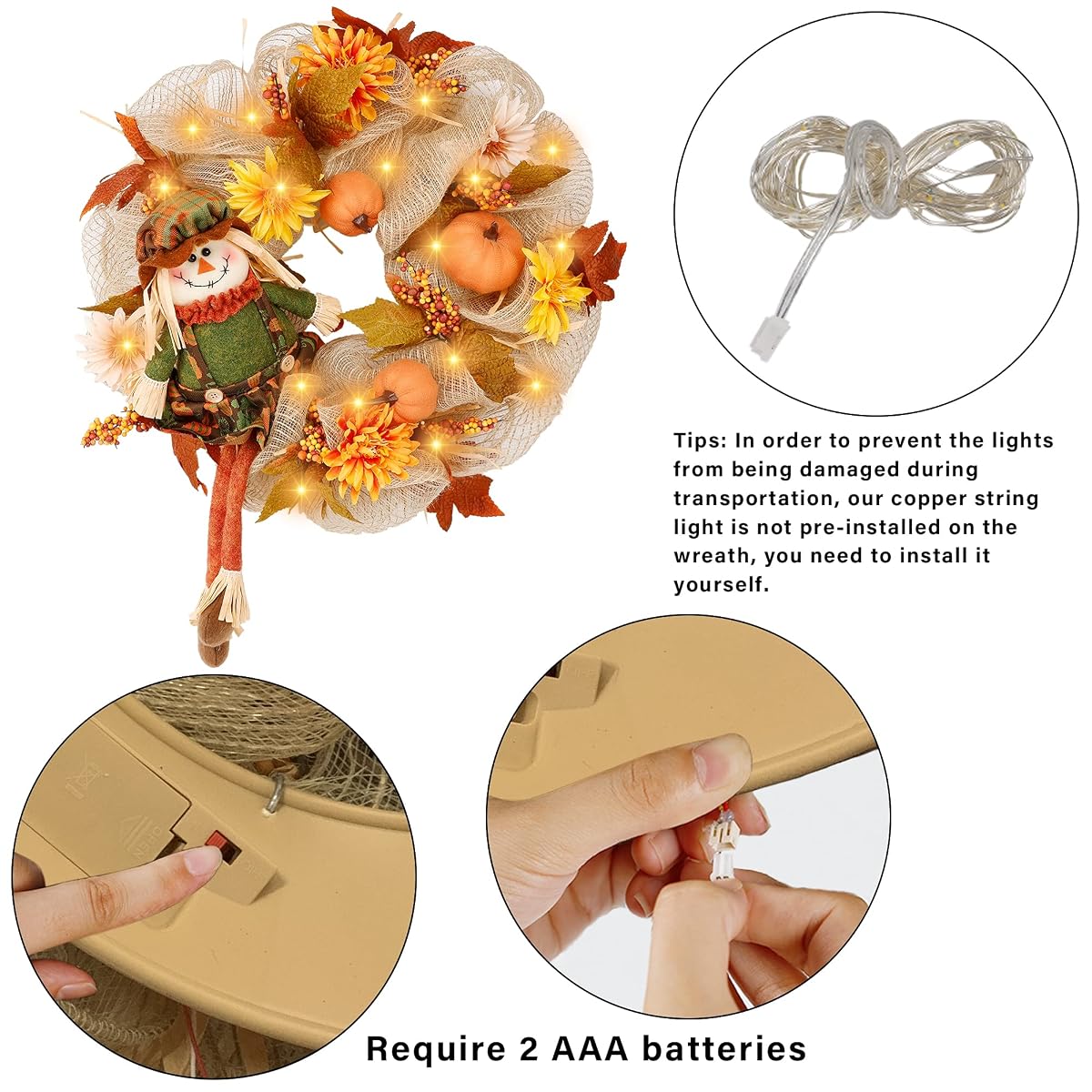 winemana 18 Inch Thanksgiving Wreath with Scarecrow Pumpkin Artificial Flowers Maple Leaves Berry, Front Door LED Lights Ribbon Wreath Fall Autumn Decorations for Indoor Outdoor - 细节图 3