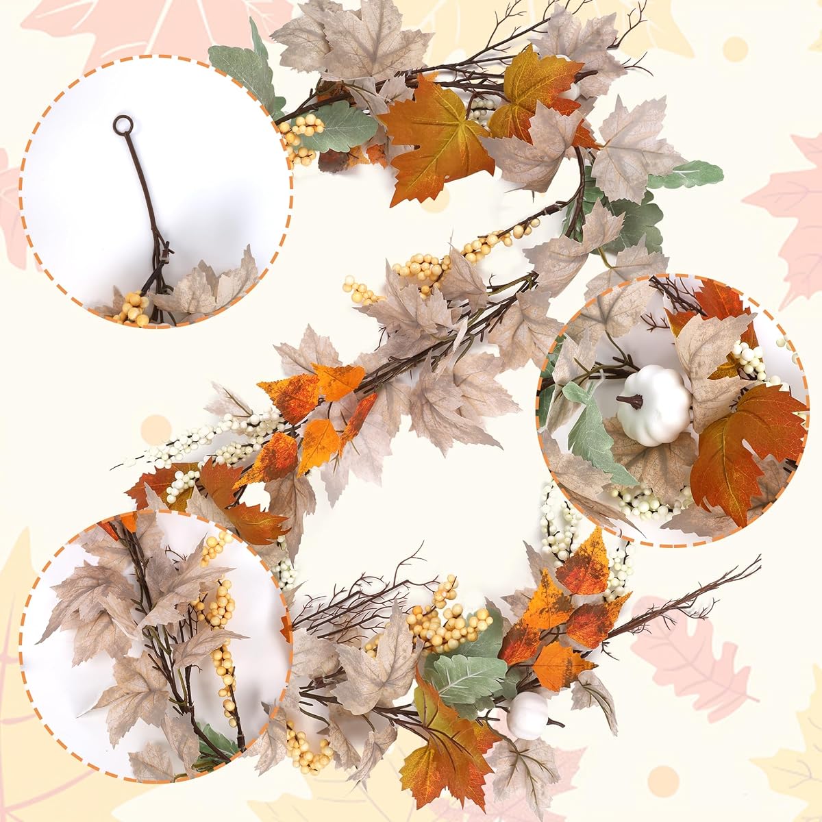 winemana Fall Garland Decor, Maple Leaves Garlands Decorations for Home with Pumpkins, 6FT Autumn Thanksgiving Decoration for Indoor Outdoor Mantel Fireplace Farmhouse Porch Table - imagem de detalhe 4