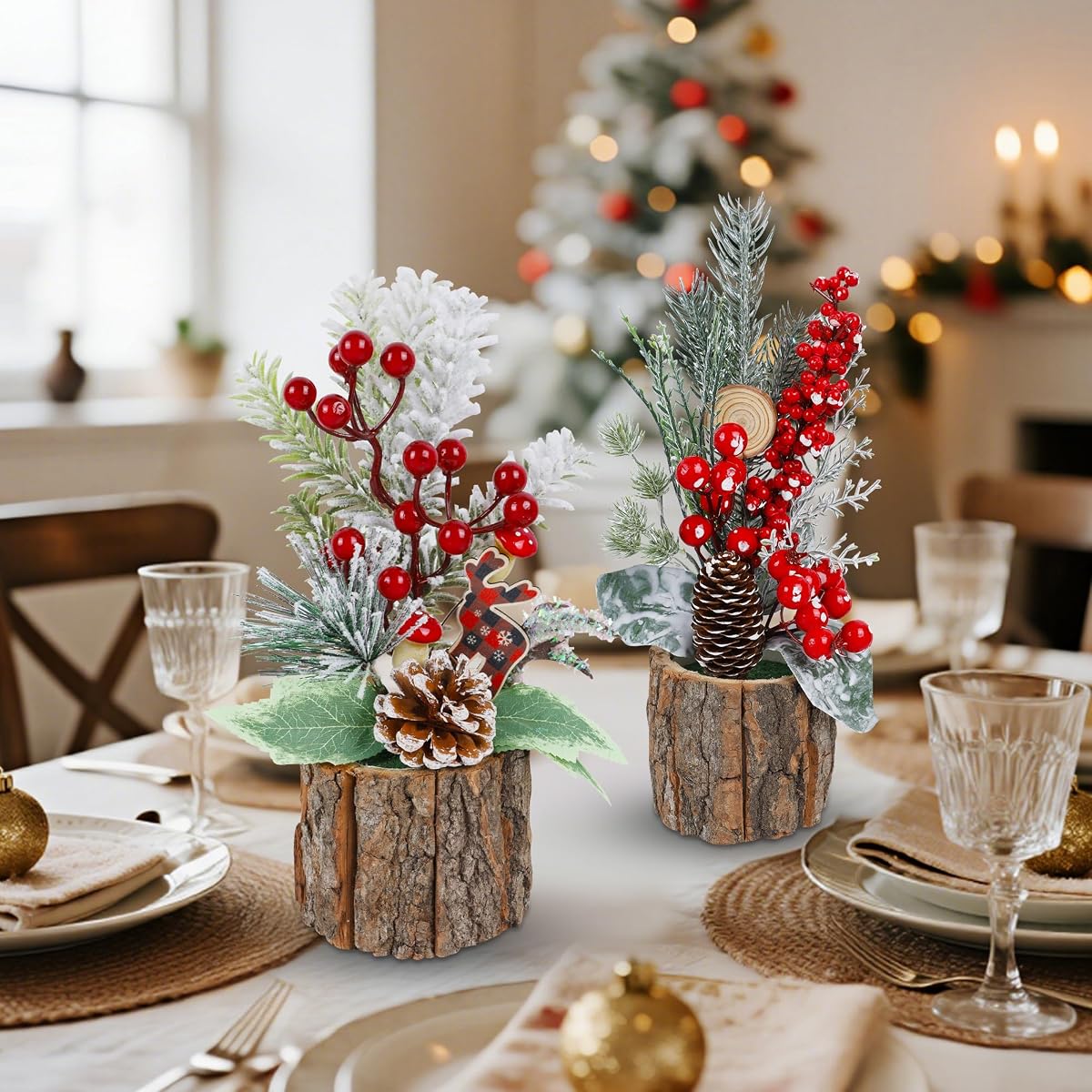 winemana 3 Pack Mini Christmas Trees Table Decorations, 11.5 Inch Small Artificial Xmas Tree Centerpieces with Red Berries & Pine Cones for Home, Office, Tabletop, Indoor Holiday Party Decor - detail image 4