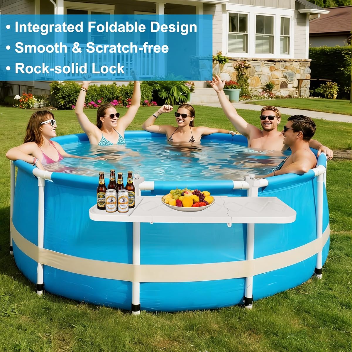 winemana Pool Bar for Above Ground Pool Swim Up Bar 38.4" x12" Adjustable Poolside Table Foldable Swimming Pool Shelf Fits Round Oval Rectangle Pools Clip-On Drink Table for Deck Patio, White - imagem de detalhe 3