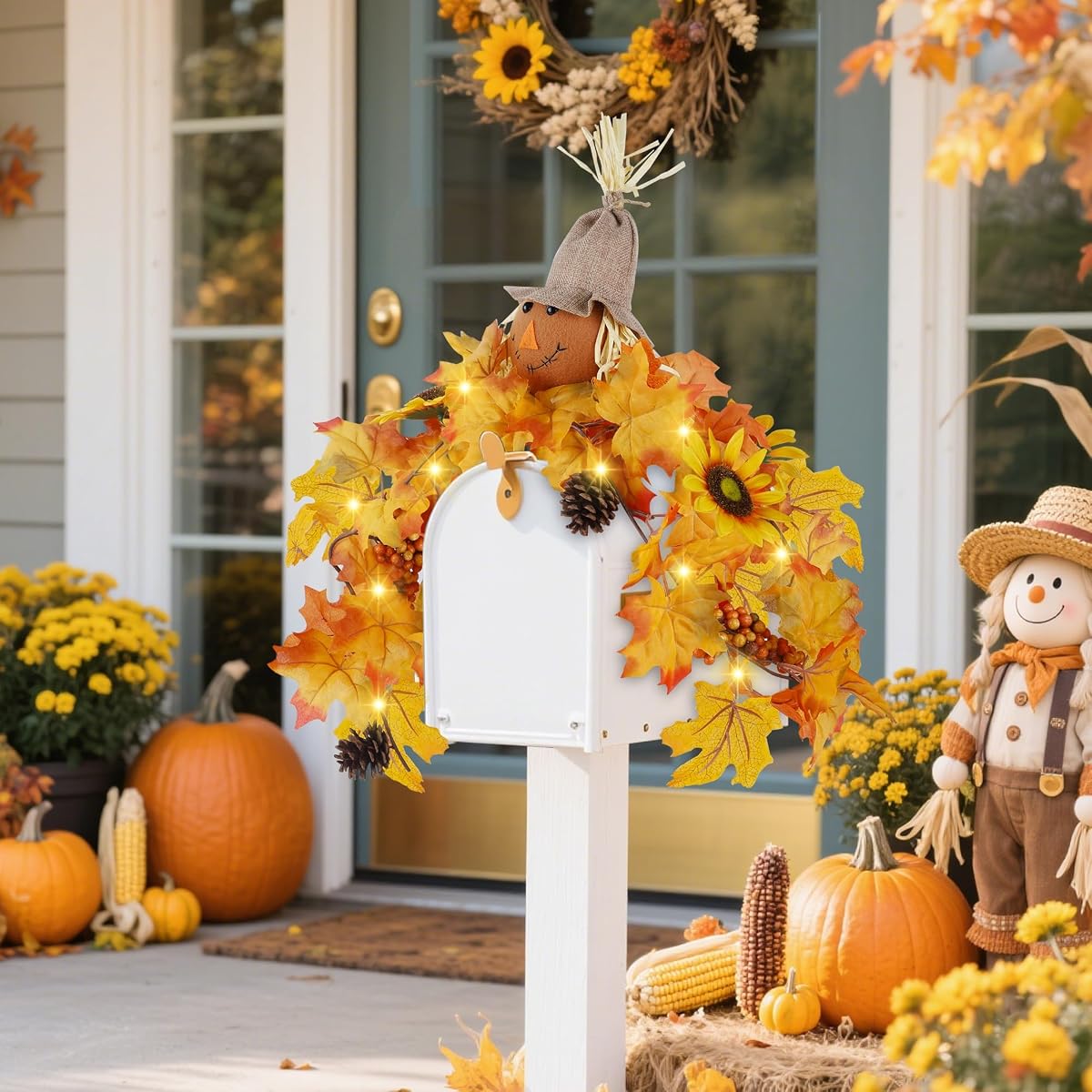 winemana 31.5in Outdoor Fall Decor for Mailbox, Lighted Fall Swag with 8 Modes & Timer, Autumn Scarecrow & Sunflower Thanksgiving Table Centerpiece Decorations - imagem de detalhe 5