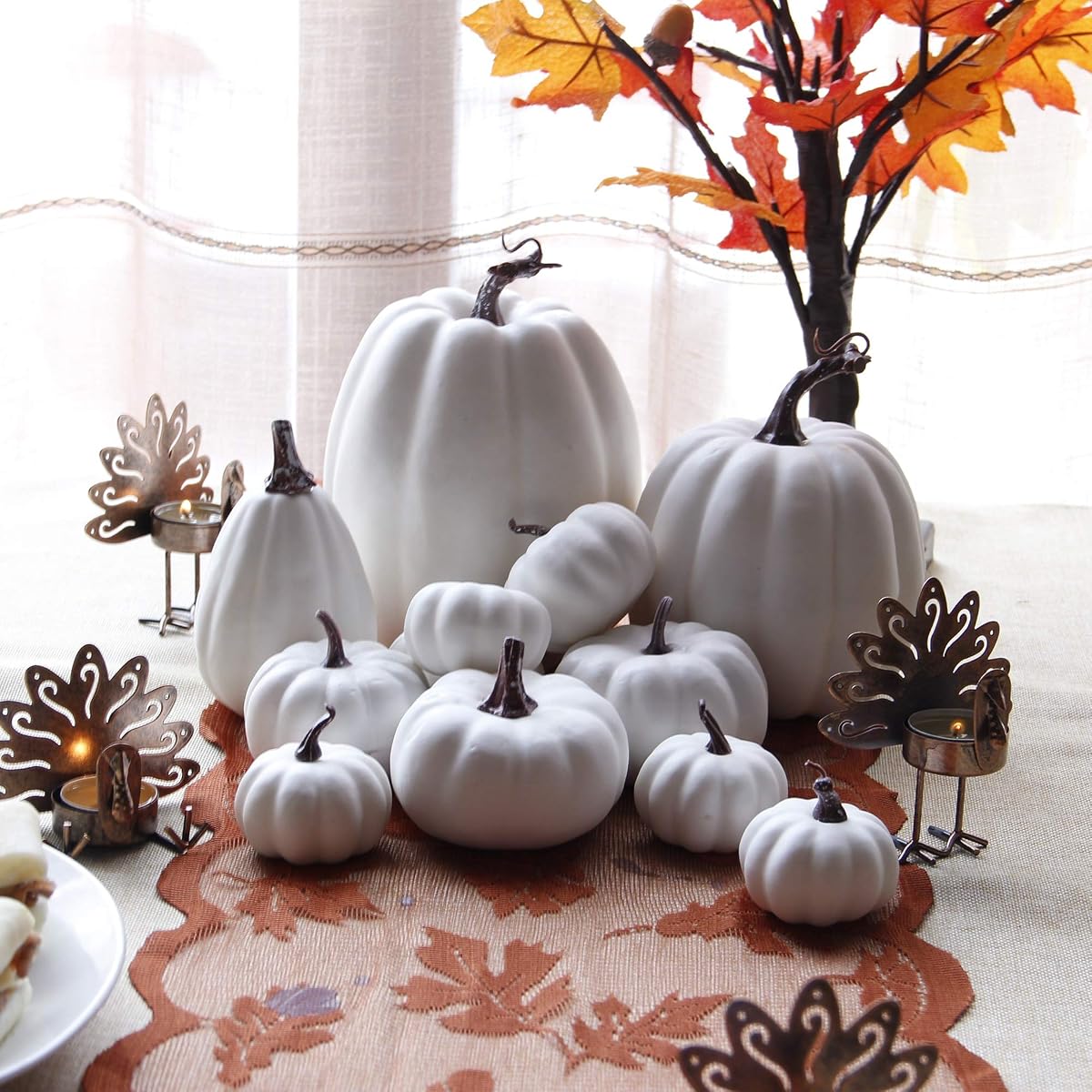 winemana 12 Pcs Thanksgiving Table Decorations Artificial Pumpkin, 6 Sizes Plastic Pumpkins Fall Friendsgiving Decoration for Fireplace Kitchen Party Harvest Day (White) - detail image 3