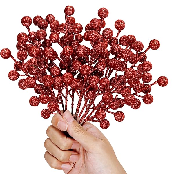 winemana 24 Pack 8 Inch Christmas Glitter Faux Winter Berry Sprigs, Artificial Sparking Red Berries Ornaments for Christmas Tree DIY Crafts Wreath Garland Decor (Red)