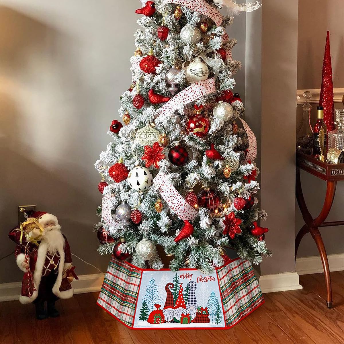 winemana Christmas Tree Collar, 31.5 Inch Buffalo Plaid Christmas Tree Skirt with Santa Claus Gnome Pattern, Merry Christmas Party Ornaments Holiday Home Decorations - 细节图 5
