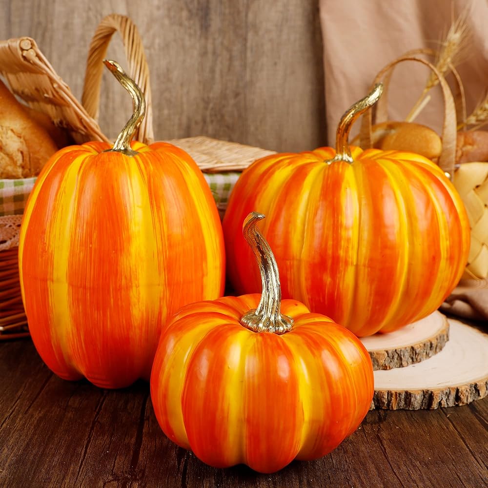 winemana 3 Pcs Thanksgiving Decorations Large Artificial Pumpkins, Orange Rustic Tabletop Centerpieces, Friendsgiving Decorations for Home Kitchen Table Fall Harvest Season
