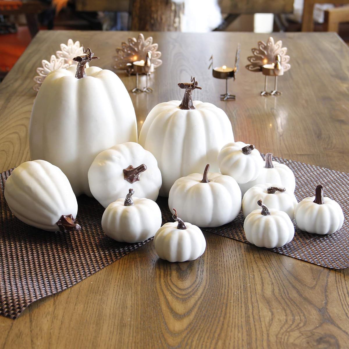 winemana 12 Pcs Thanksgiving Table Decorations Artificial Pumpkin, 6 Sizes Plastic Pumpkins Fall Friendsgiving Decoration for Fireplace Kitchen Party Harvest Day (White) - detail image 4