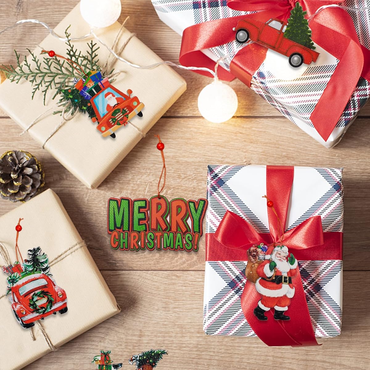 winemana Christmas Tree Ornaments Red Truck, 12 Pcs Hanging Wooden Ornament Set, Santa Claus Merry Christmas Car Vintage Crafts for Xmas Tree Garland Decorations - imagem de detalhe 4
