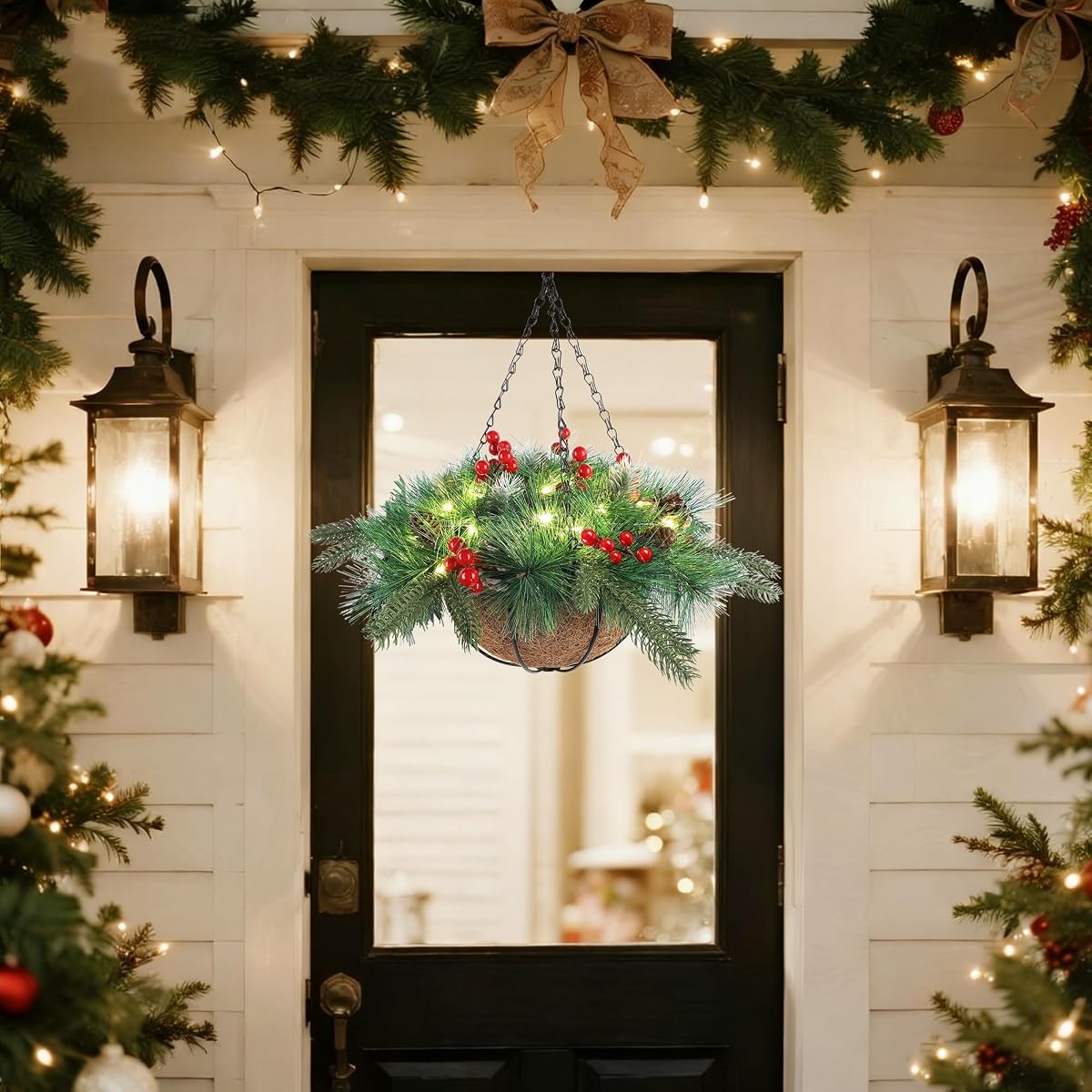 winemana Pre-Lit Artificial Christmas Hanging Basket Outdoor Decoration with Pine Cones & Red Berry Clusters, Battery Powered with Timer Lighted Branches Faux Plants for Outside Porch Front Door - imagem de detalhe 3
