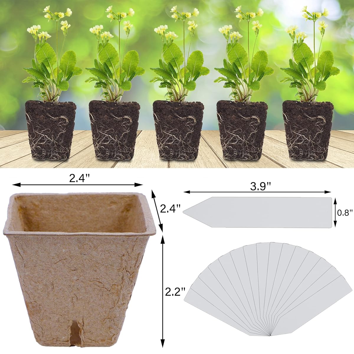 winemana 100 Pack 2.4" Seed Starter Tray Kit, Biodegradable Peat Pots for Seedling with 100 Plant Labels, Plant Garden Germination Tray for Flower Vegetables Succulents - detail image 1