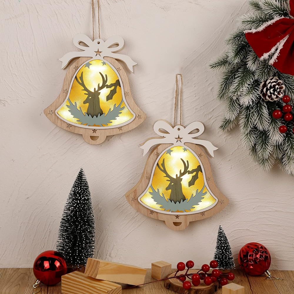 winemana 2 Pack Christmas Jingle Bell Ornaments, 8" x 7.5" Christmas Wall Decor Lighted Jingle Bells with Reindeer, Perfect Decoration for Christmas Tree Home Wall Door Xmas Party