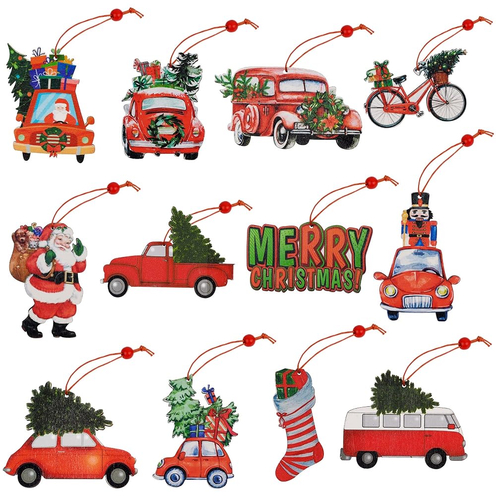 winemana Christmas Tree Ornaments Red Truck, 12 Pcs Hanging Wooden Ornament Set, Santa Claus Merry Christmas Car Vintage Crafts for Xmas Tree Garland Decorations