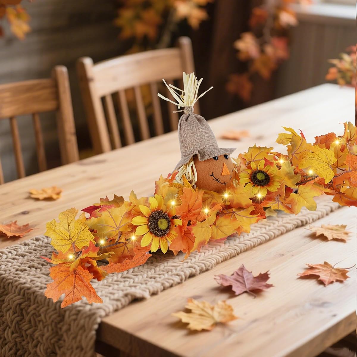 winemana 31.5in Outdoor Fall Decor for Mailbox, Lighted Fall Swag with 8 Modes & Timer, Autumn Scarecrow & Sunflower Thanksgiving Table Centerpiece Decorations - imagem de detalhe 3
