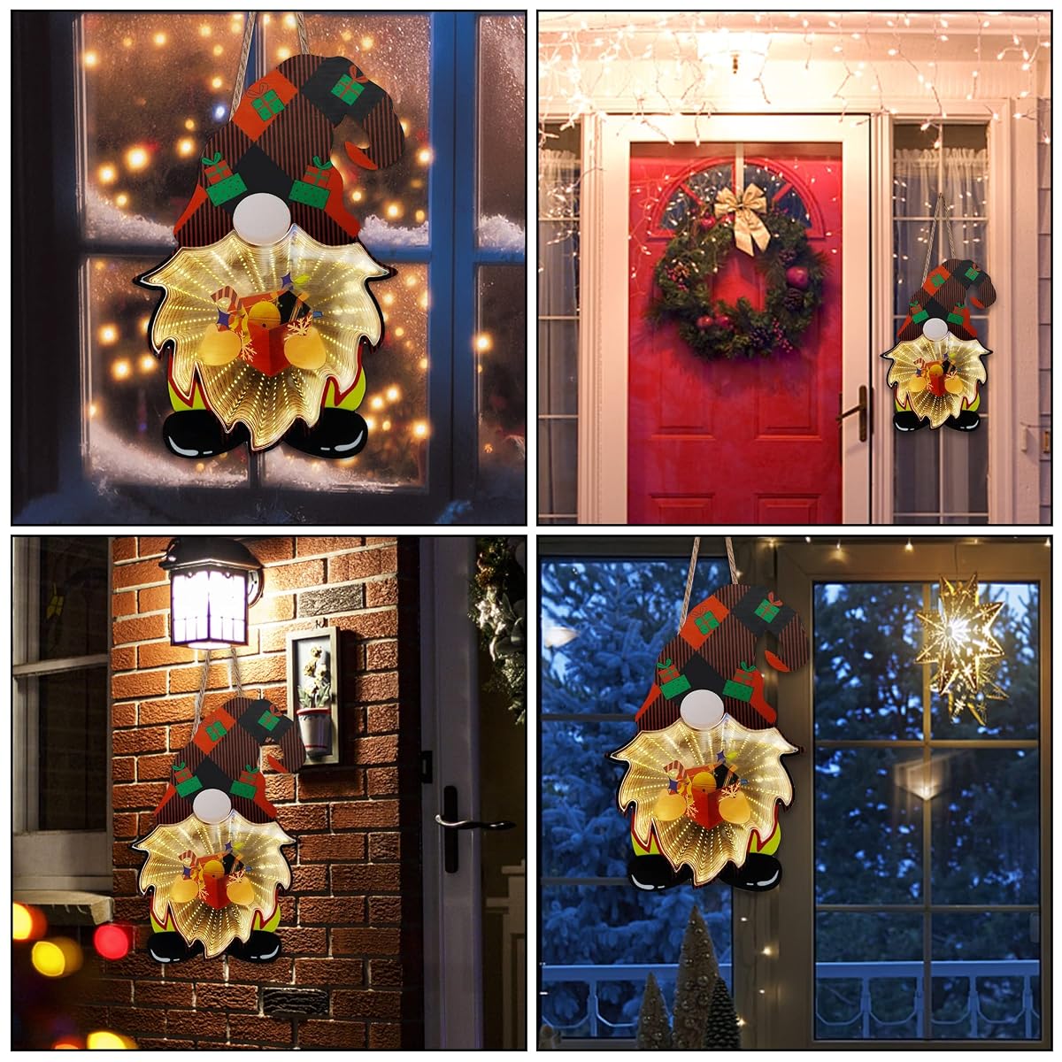 winemana Christmas Decorations Door Sign, 12" x 8" Santa Gnome with LED Lights, Xmas Hanging Sign with Infinity Mirror Tunnel Lights for Window Front Door Wall Indoor Outdoor Party - imagen de detalle 3