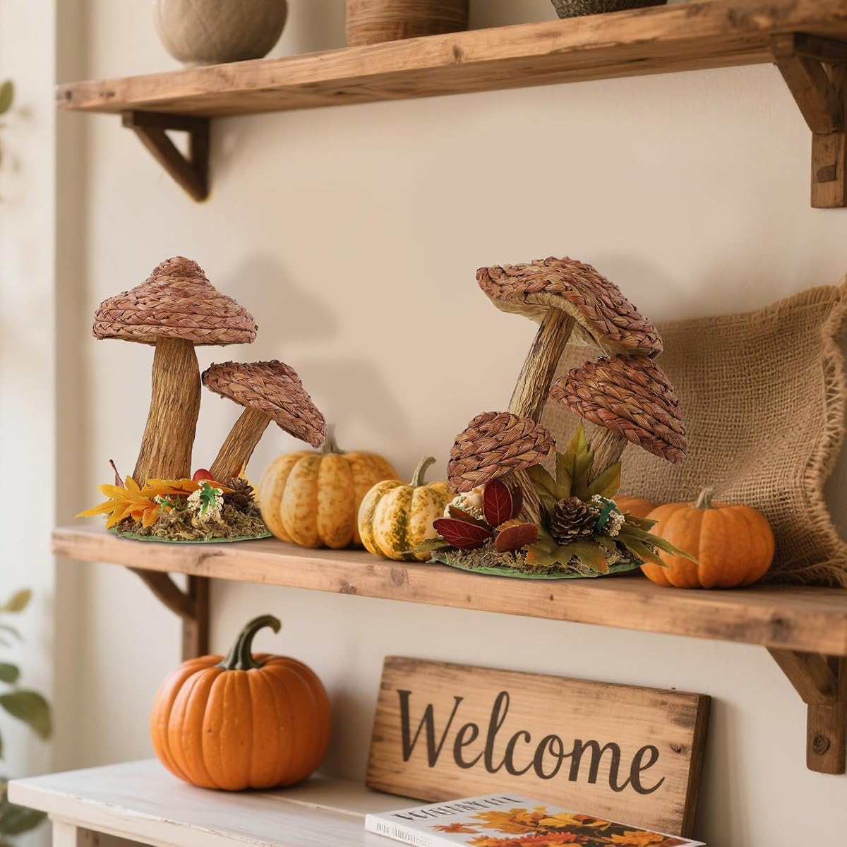 winemana 2 Pack Mushroom Fall Decor - Handmade Woven Mushrooms Figurines, Rustic Farmhouse Table Centerpieces for Thanksgiving, Autumn Home, Shelf & Kitchen Decor - imagen de detalle 3