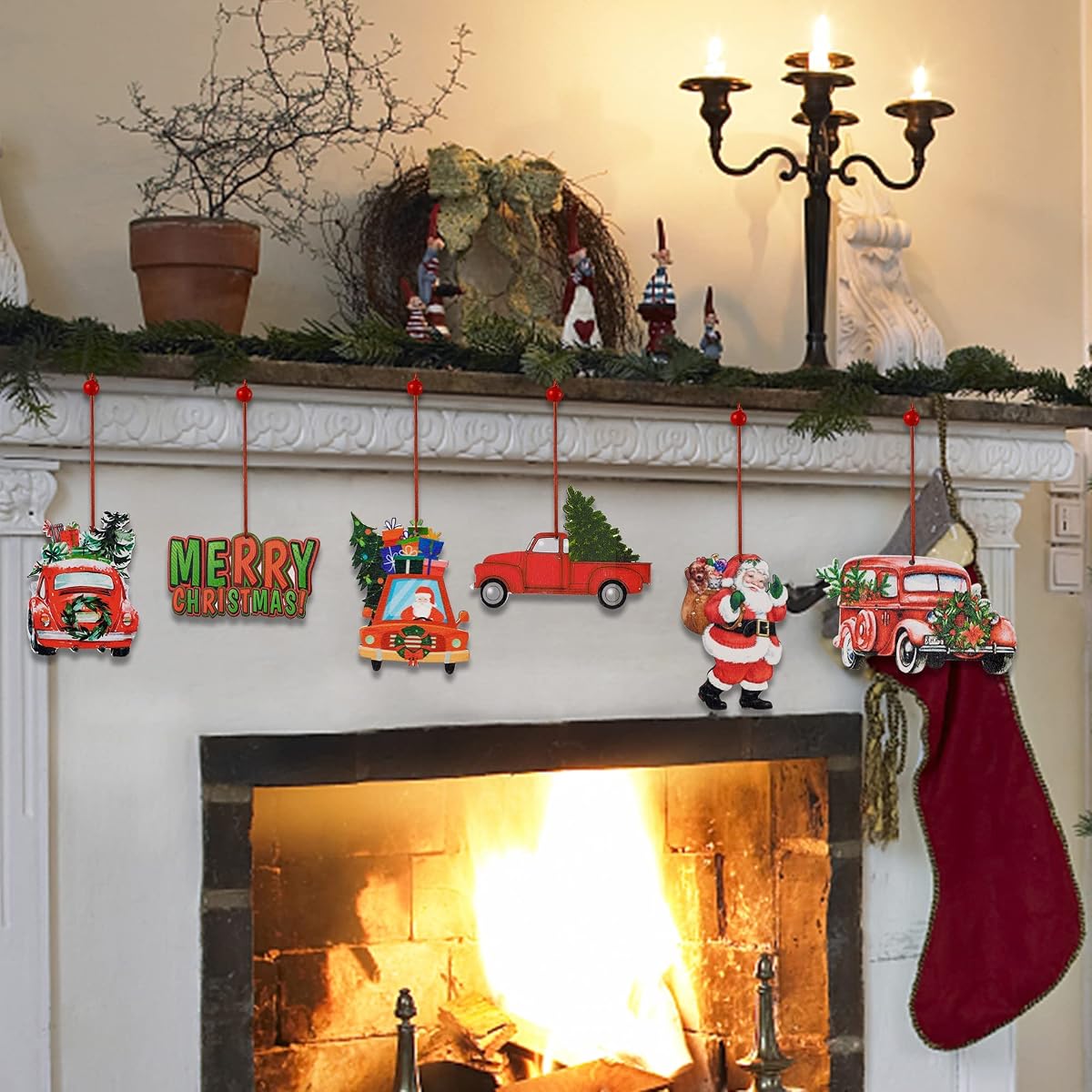 winemana Christmas Tree Ornaments Red Truck, 12 Pcs Hanging Wooden Ornament Set, Santa Claus Merry Christmas Car Vintage Crafts for Xmas Tree Garland Decorations - imagem de detalhe 6