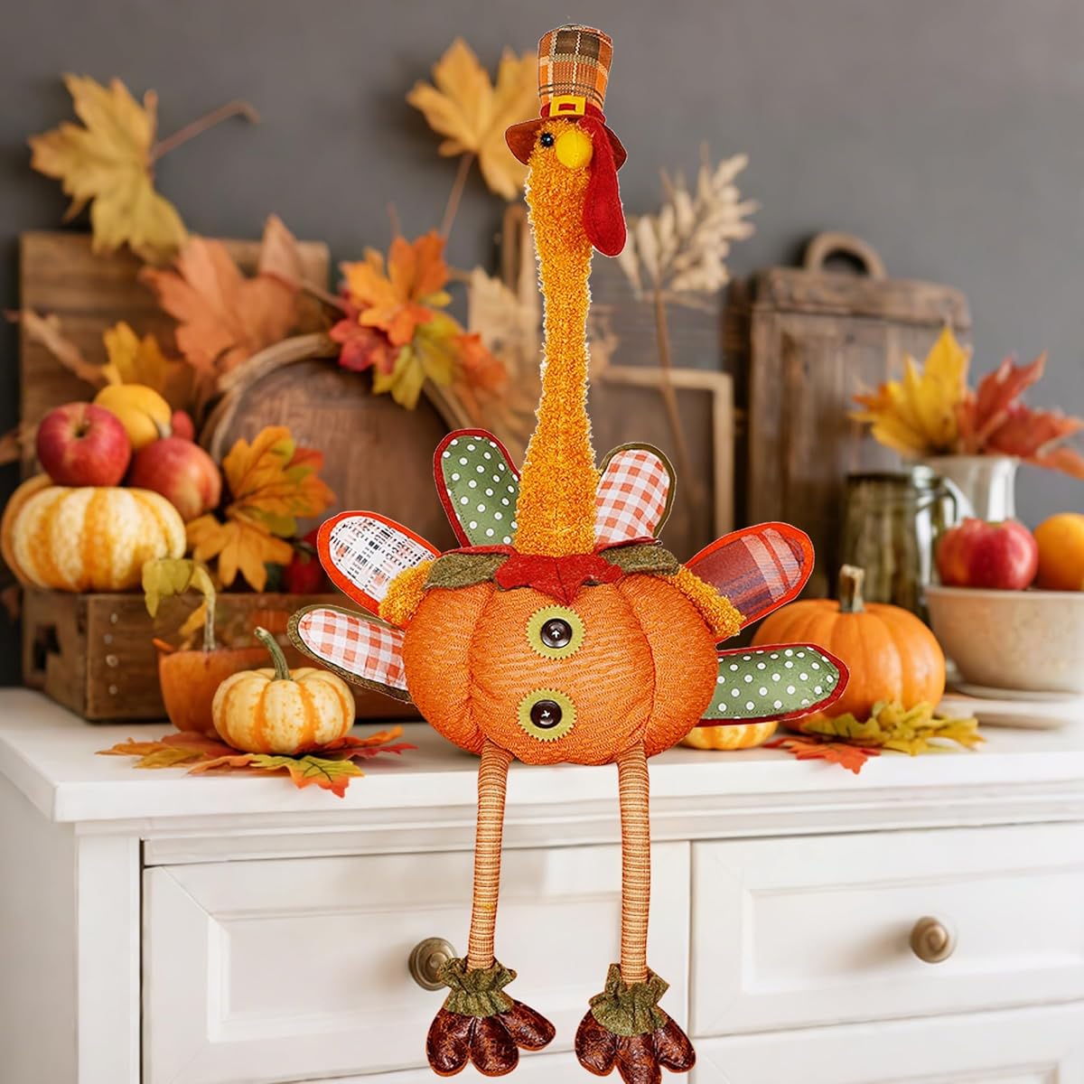 winemana Thanksgiving Decorations 31.5" Large Plush Turkey with Stretchable Neck - Stuffed Animal Indoor Decor, Adjustable Fall Table Centerpiece for Home Mantel Office - imagen de detalle 5
