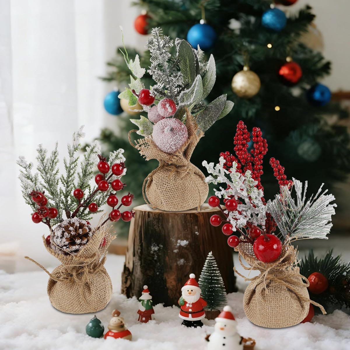 winemana 6 Pcs Mini Christmas Tree Table Decorations, 9" Small Artificial Trees with Red Berries Pine Cone Tabletop Centerpiece for Home Office Room Holiday Decorations - imagen de detalle 1