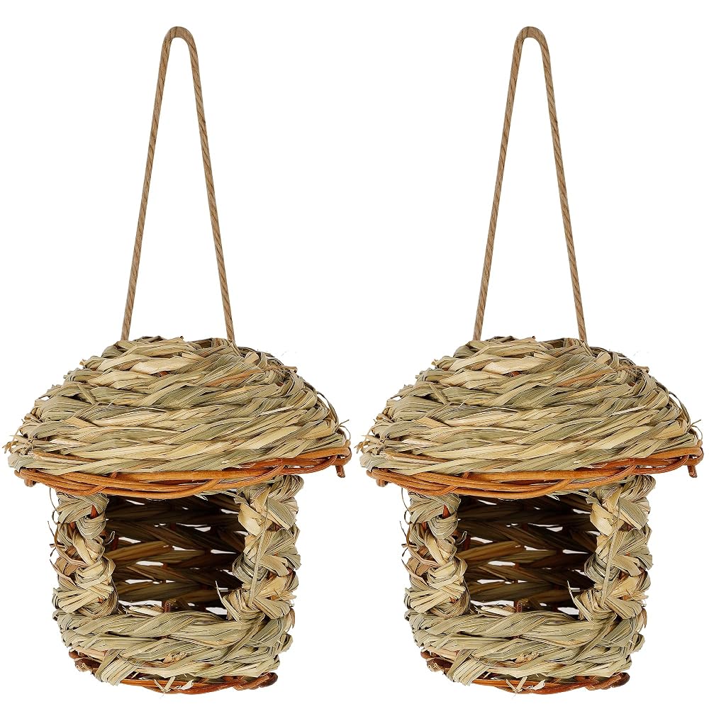 winemana 2 Pack Hanging Hummingbird Nest House, Durable Hand Woven, Made of Natural Grass, Perfect for Outdoor Garden Patio Lawn Office Indoor