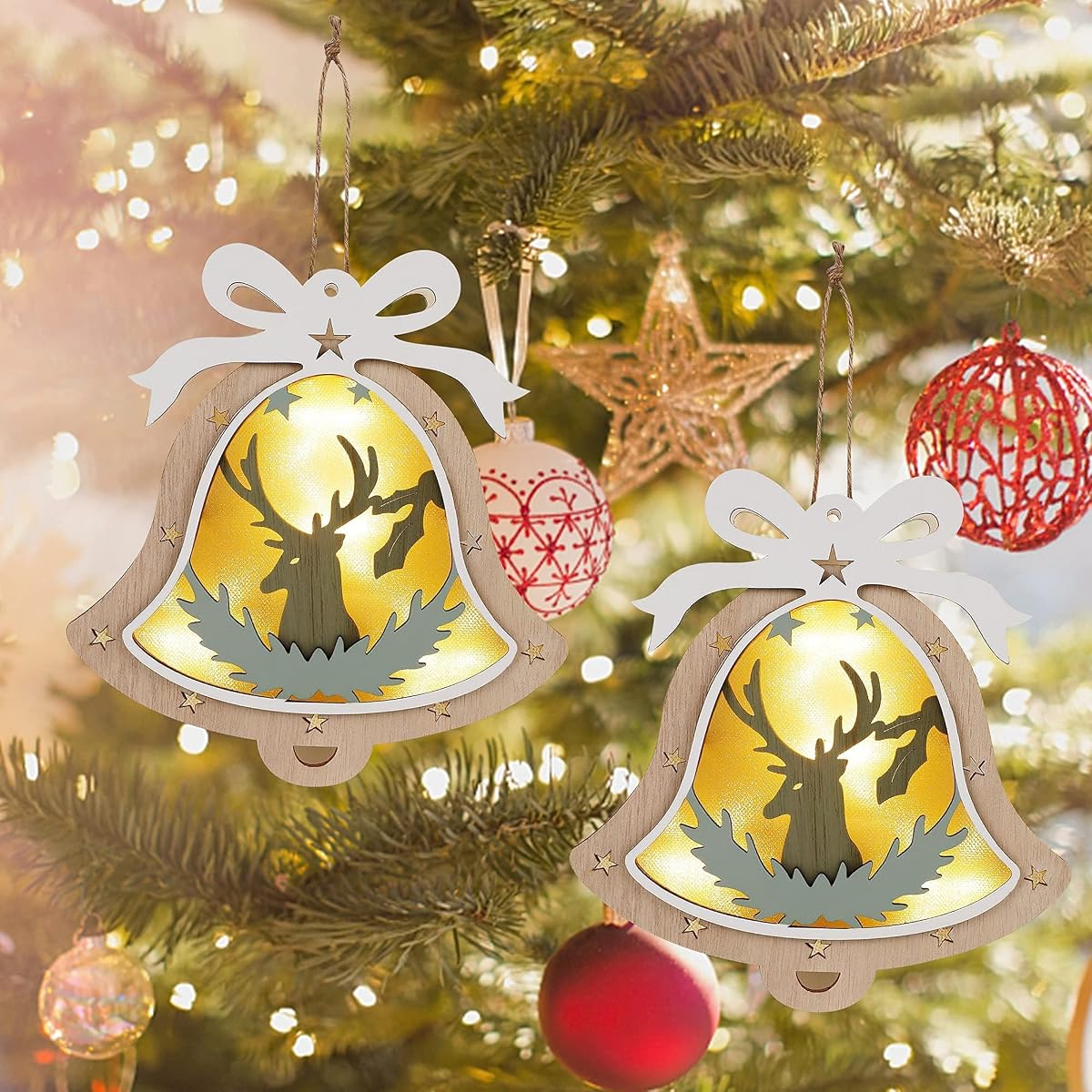 winemana 2 Pack Christmas Jingle Bell Ornaments, 8" x 7.5" Christmas Wall Decor Lighted Jingle Bells with Reindeer, Perfect Decoration for Christmas Tree Home Wall Door Xmas Party - imagem de detalhe 6