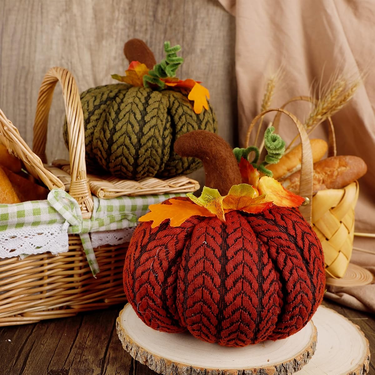 winemana Thanksgiving Decorations 2 Pack Artificial Pumpkins, Knit Wool Pumpkin Large Tabletop Centerpieces for Autumn Fall Home Kitchen Office - imagen de detalle 5
